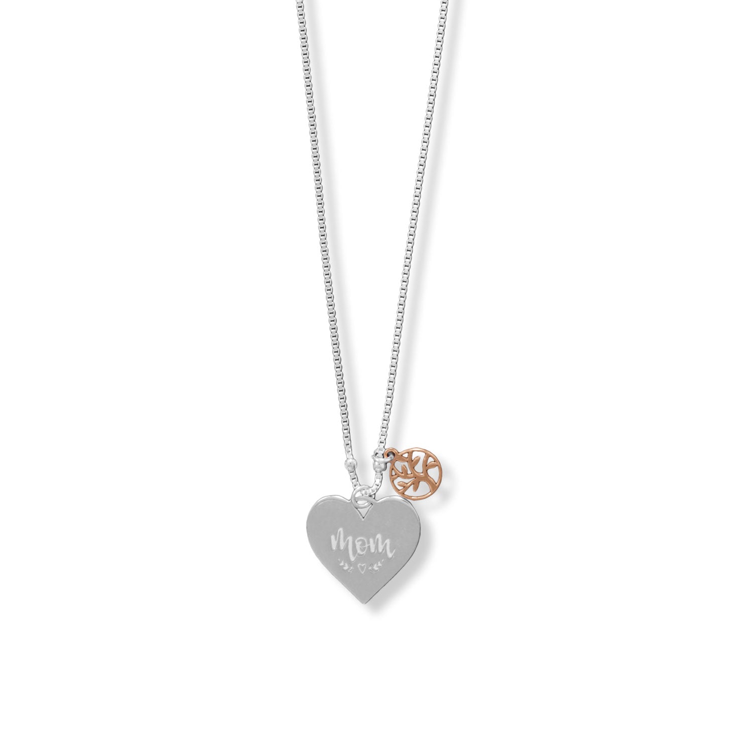 16" + 2" "Mom" Heart and Family Tree Charm Necklace