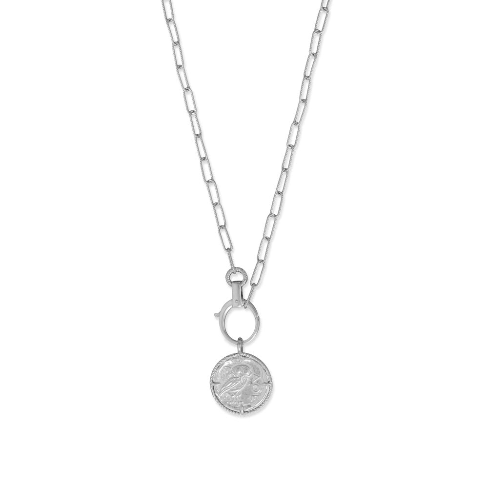 22" Rhodium Plated Owl Medallion Necklace