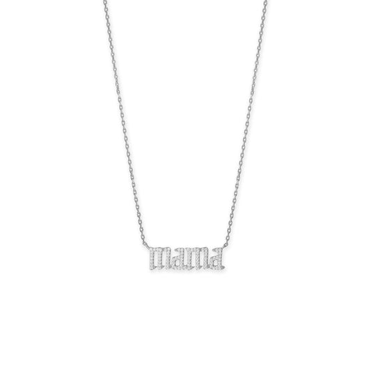 16" + 2" Rhodium Plated CZ "mama" Necklace