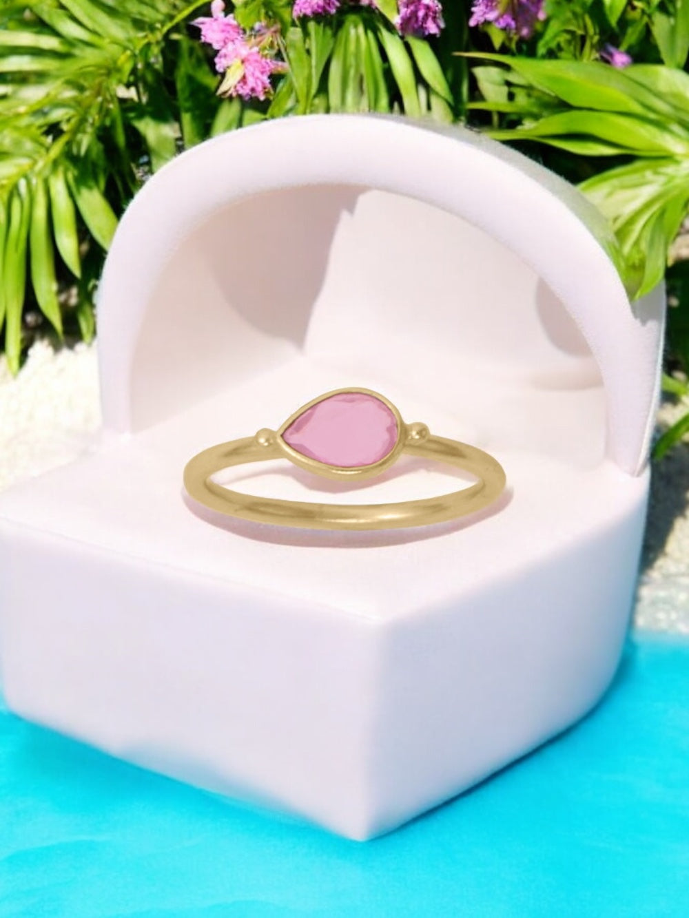 Pink Pear Shaped Glass Yellow Gold Stackable Ring - Sparks and Gem