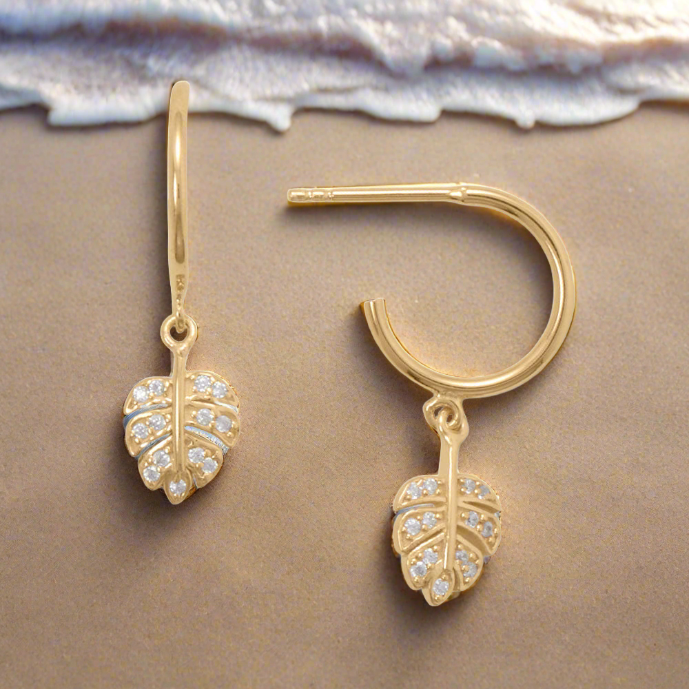 Gold Cubic Zirconia Decorated Leaf Charm Earrings - Sparks and Gem