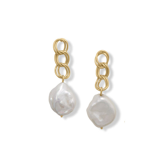 Chain and Cultured Freshwater Pearl Drop Gold Earrings