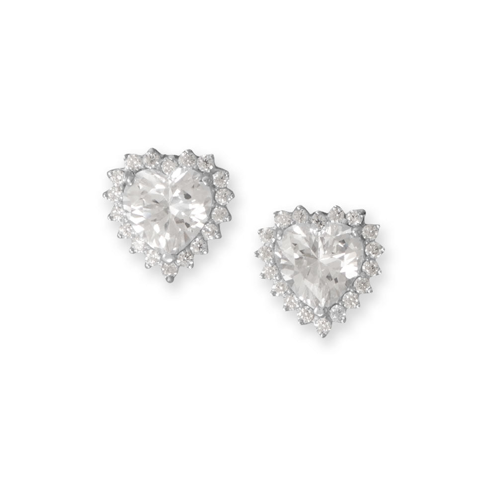 Rhodium Plated CZ Heart Halo Stud Earrings