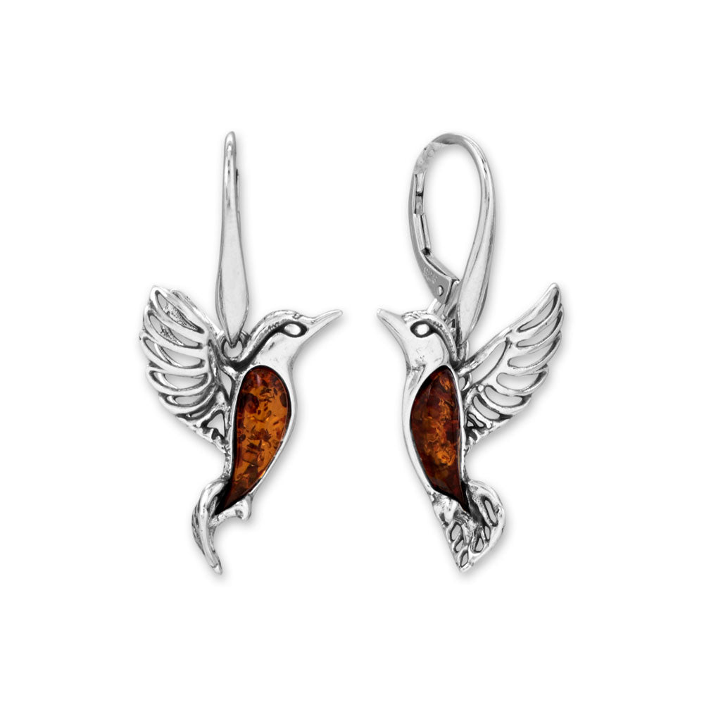 Oxidized Baltic Amber Hummingbird Earrings