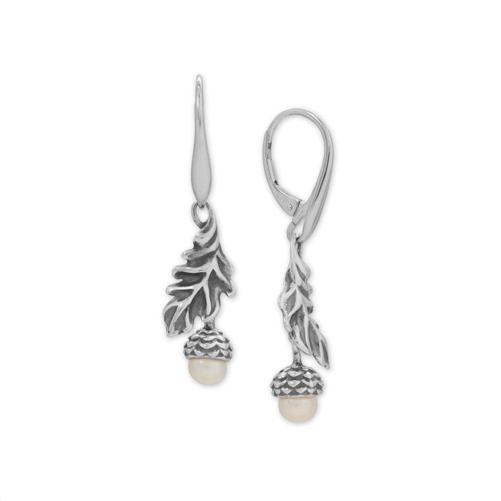 Cultured Freshwater Pearl Acorn and Leaf Lever Earrings - Sparks and Gem