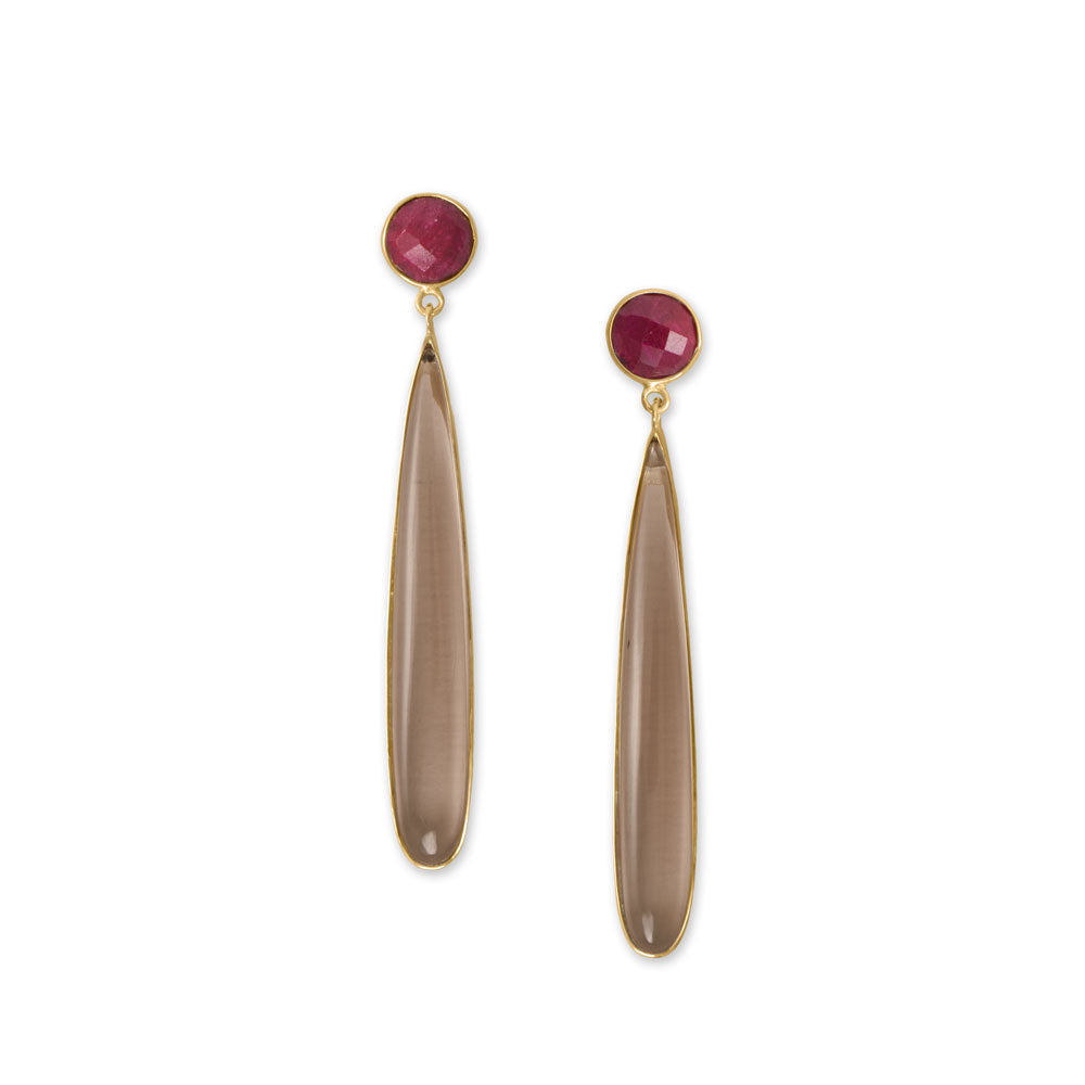 Red Corundum and Smoky Quartz Gold Earrings - Sparks and Gem