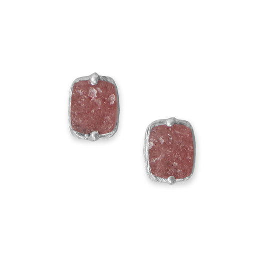 Rhodium Plated Rectangle Rough Cut Strawberry Quartz Stud Earrings