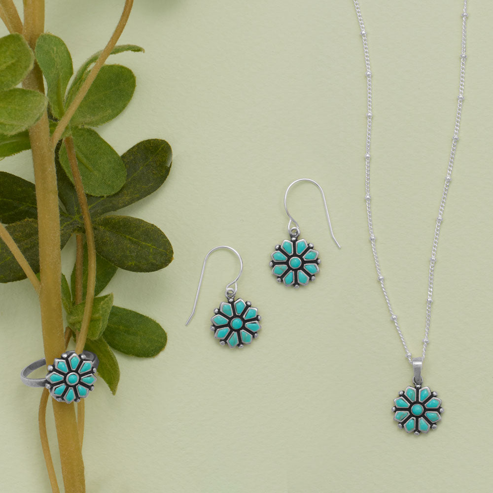 Reconstituted Turquoise Flower and Sterling Silver French Wire Earrings - Sparks and Gem