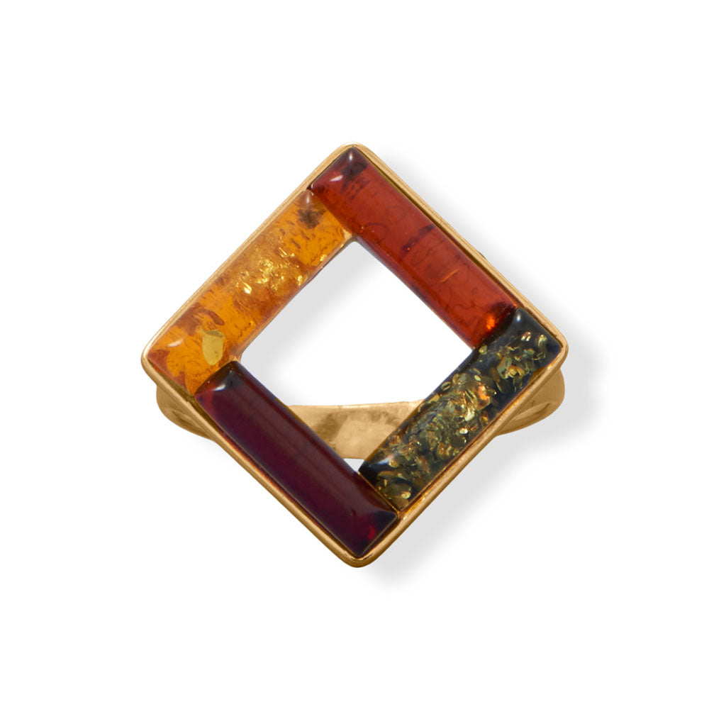 Square Multi Color Baltic Amber Yellow Gold Ring - Sparks and Gem