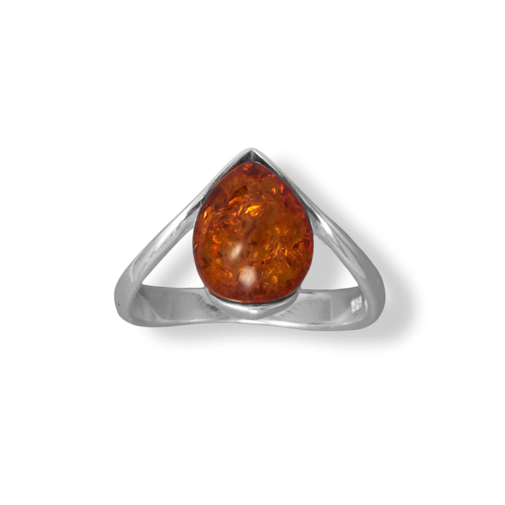 Polished Sterling Silver "V" with Pear Baltic Amber Ring - Sparks and Gem