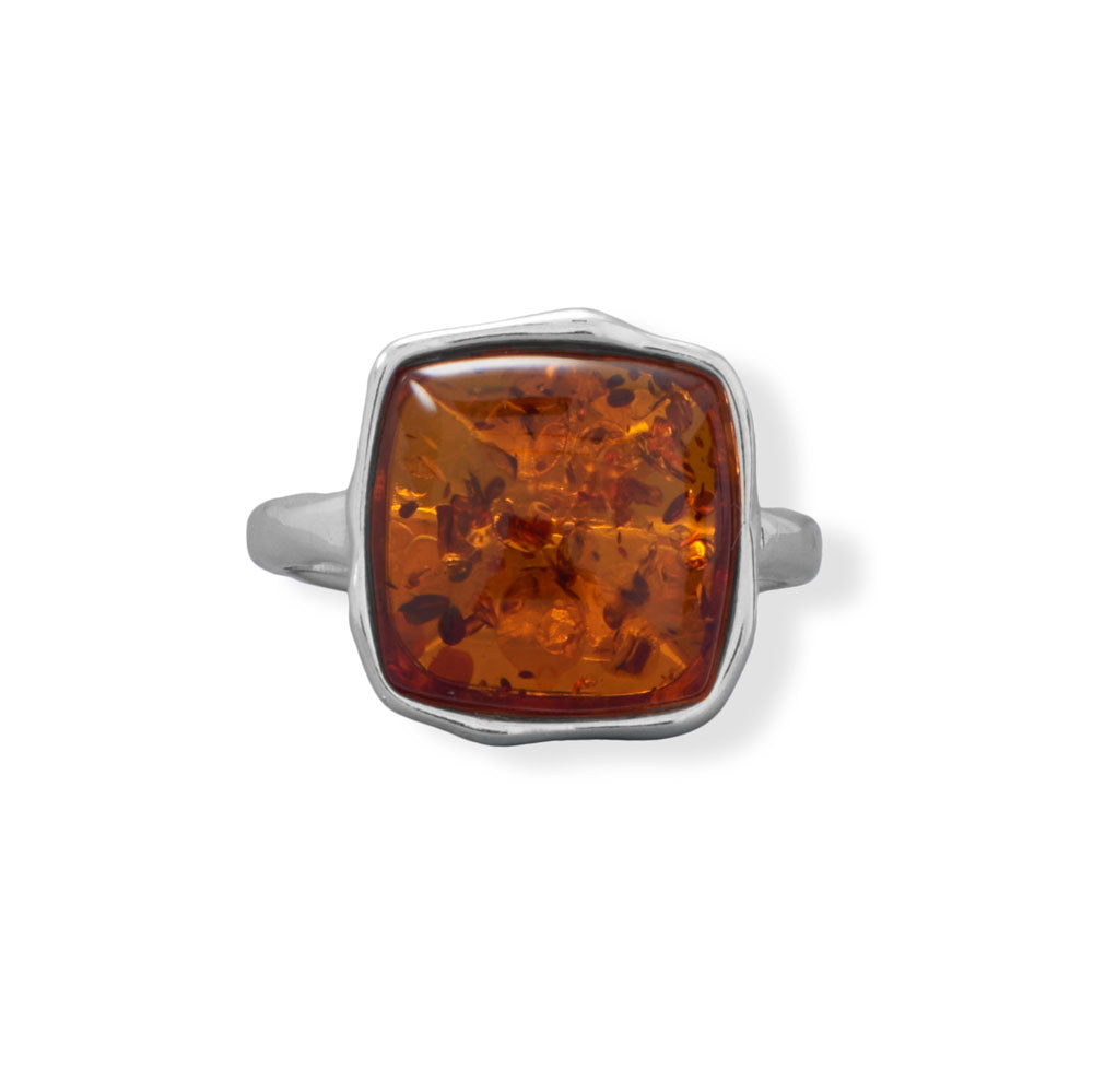 Hammered Square Baltic Amber Sterling Silver Ring-Sparks and Gem