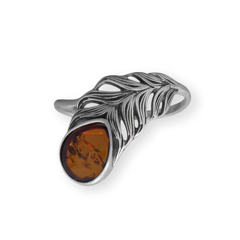 Oxidized Baltic Amber Feather Sterling Silver Ring - Sparks and Gem