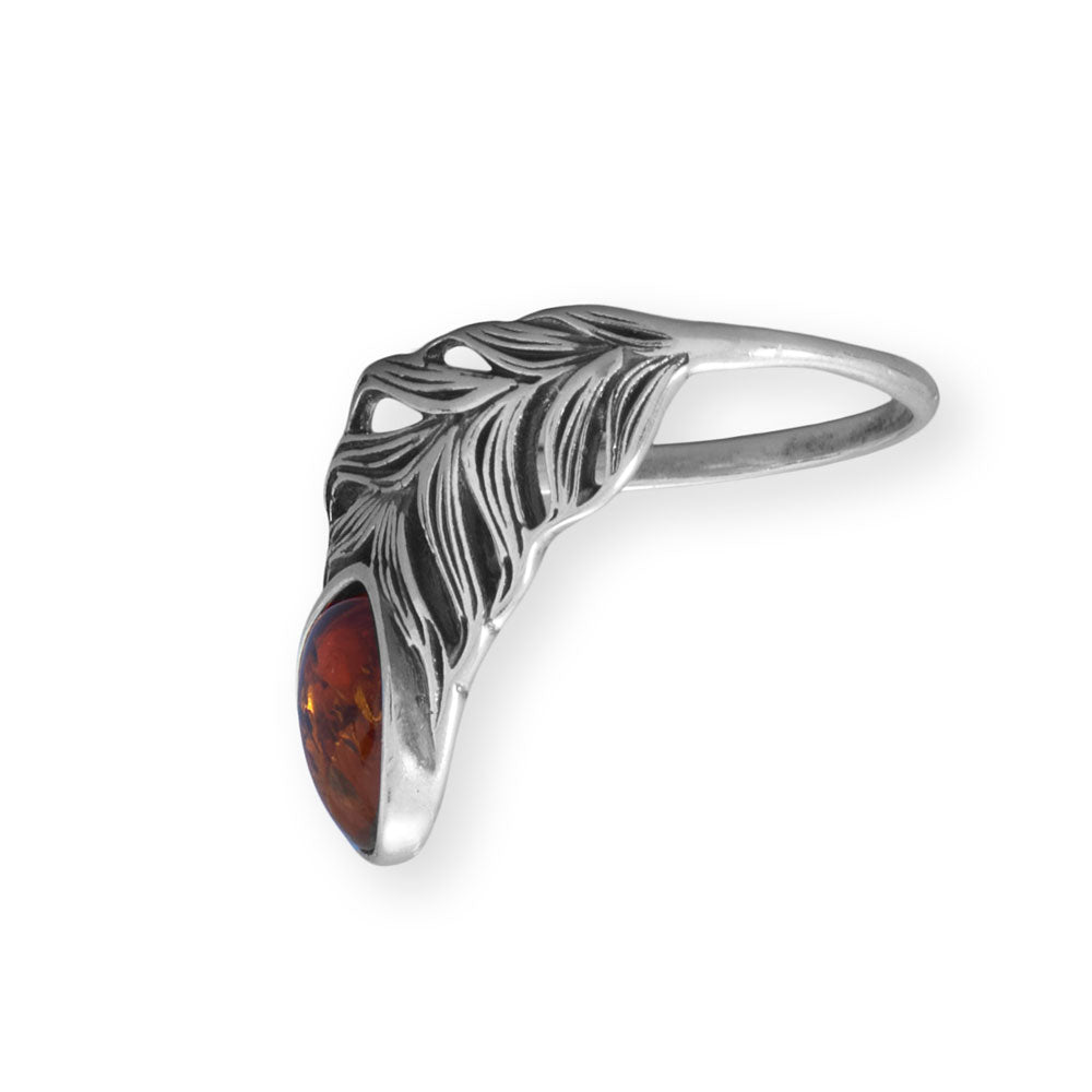 Oxidized Baltic Amber Feather Sterling Silver Ring - Sparks and Gem