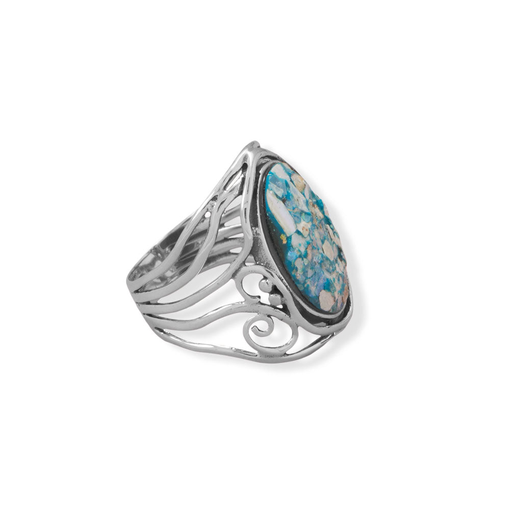 Oxidized Roman Glass Cutout Swirl Design Sterling Silver Ring - Sparks and Gem