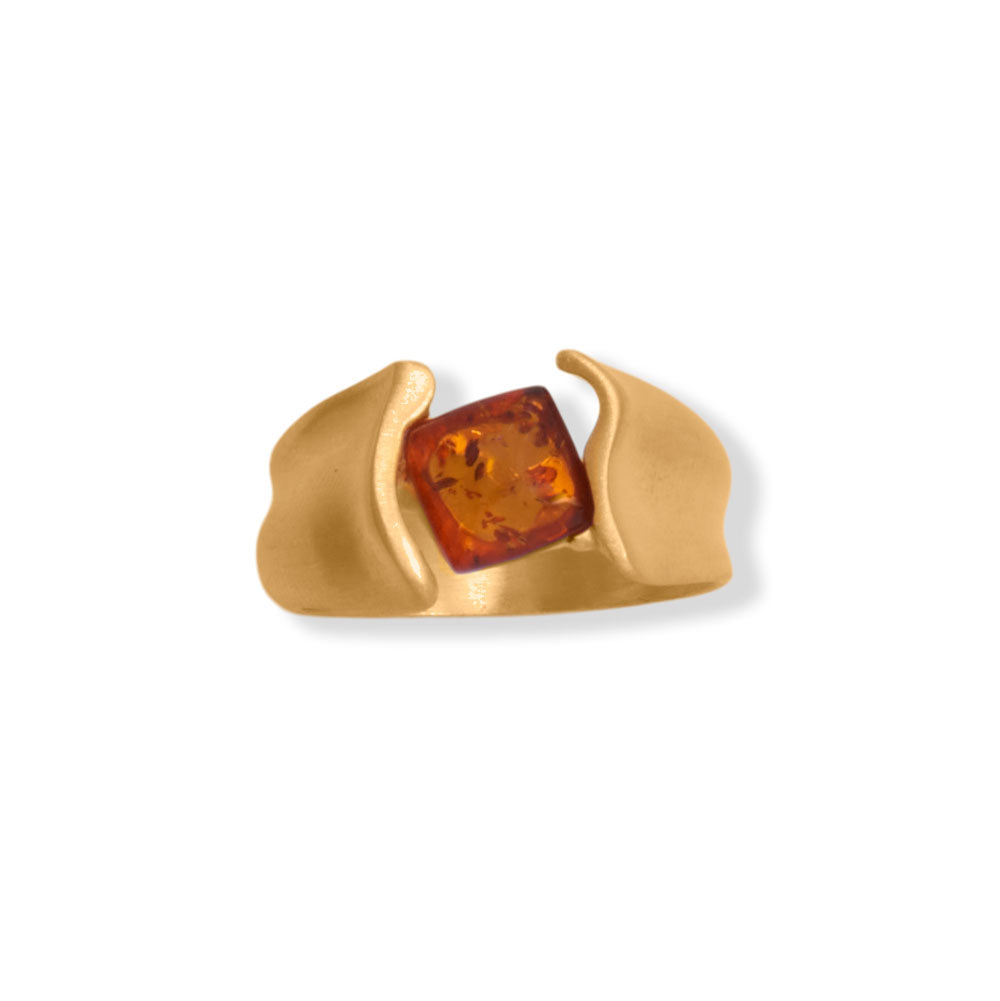 Matte Square Baltic Amber Yellow Gold Ring - Sparks and Gem