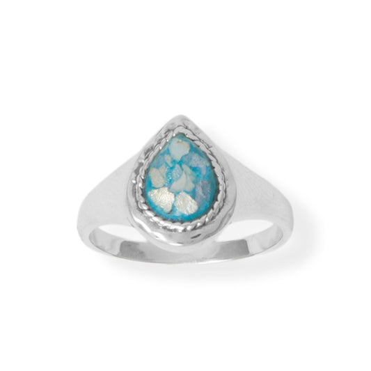 Pear Roman Glass Rope Edge Silver Ring - Sparks and Gem