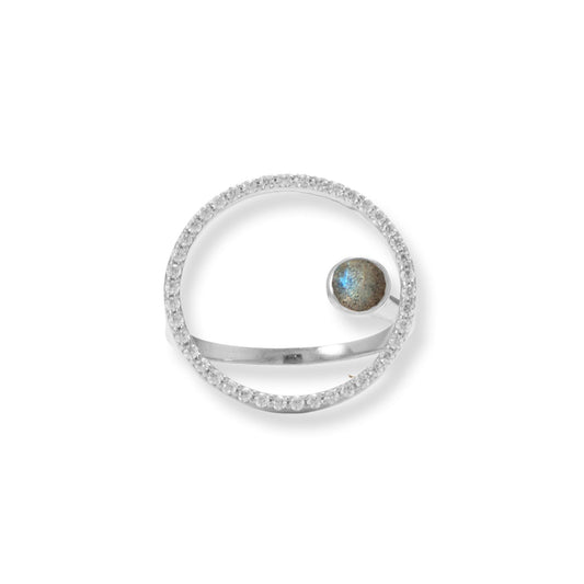 Floating Labradorite and Cubic Zirconia Circle Sterling Silver Ring - Sparks and Gem