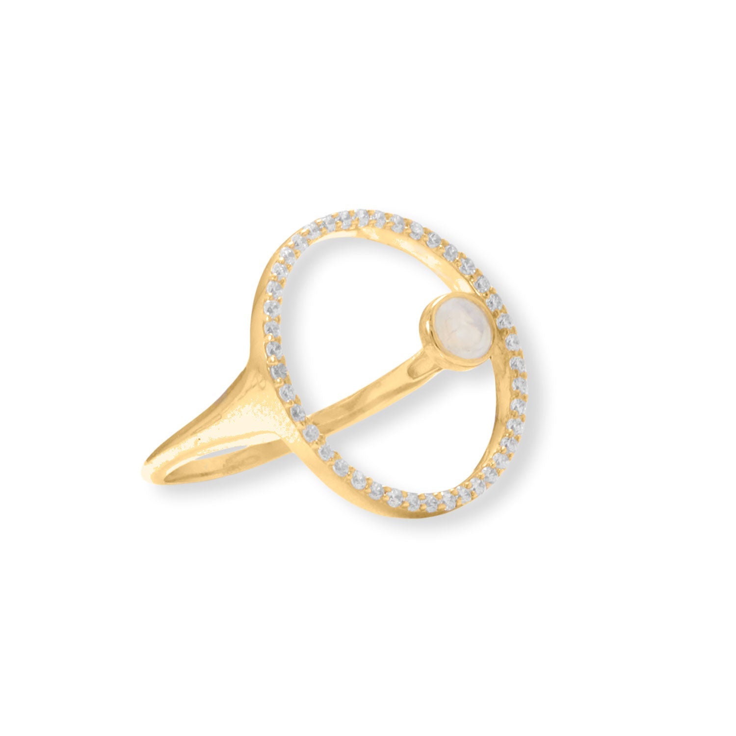 Floating Rainbow Moonstone and Cubic Zirconia Yellow Gold Circle Ring - Sparks and Gem