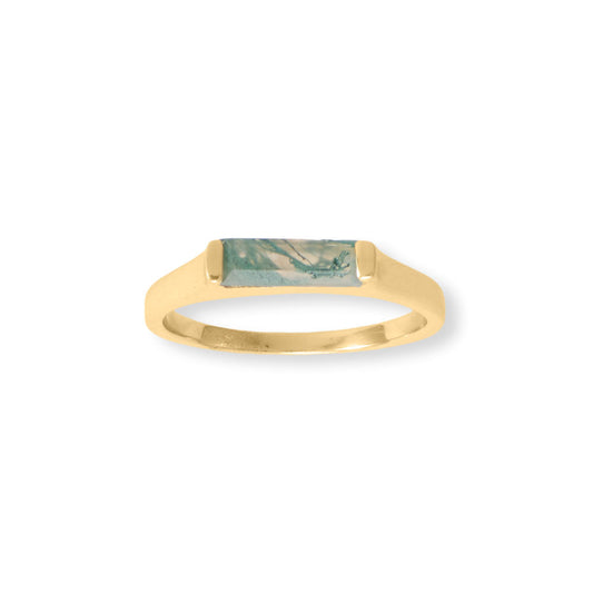 Moss Agate Bar Yellow Gold Ring - Sparks and Gem