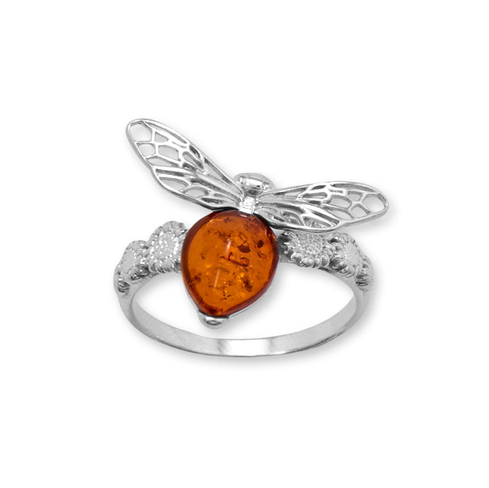 Baltic Amber Honey Bee and Flower Sterling Silver Ring - More rings, bracelets, necklaces, earrings, anklets, charms, chains and toe rings in a variety of shapes, sizes and styles like geometric, cocktail, statement, bands, spinner, spoon, layered, long, collar, choker, climber, cuff, bangle, stretch, single, double, triple a or multi strands, beaded, curb, wheat, rope, Figaro, cable chains and more at Sparks and Gem