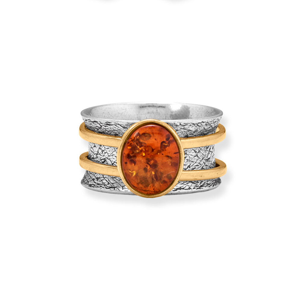 Two Tone Baltic Amber Spinner Sterling Silver Ring - Sparks and Gem