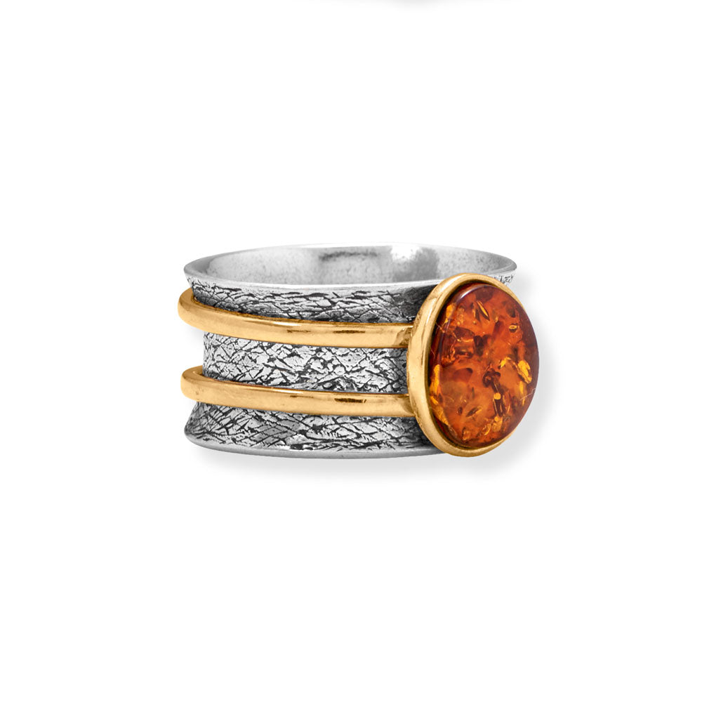 Two Tone Baltic Amber Spinner 925 Sterling Silver Ring