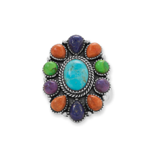 Oxidized Oval Multi Stone Flower Sterling Silver Ring - Sparks and Gem