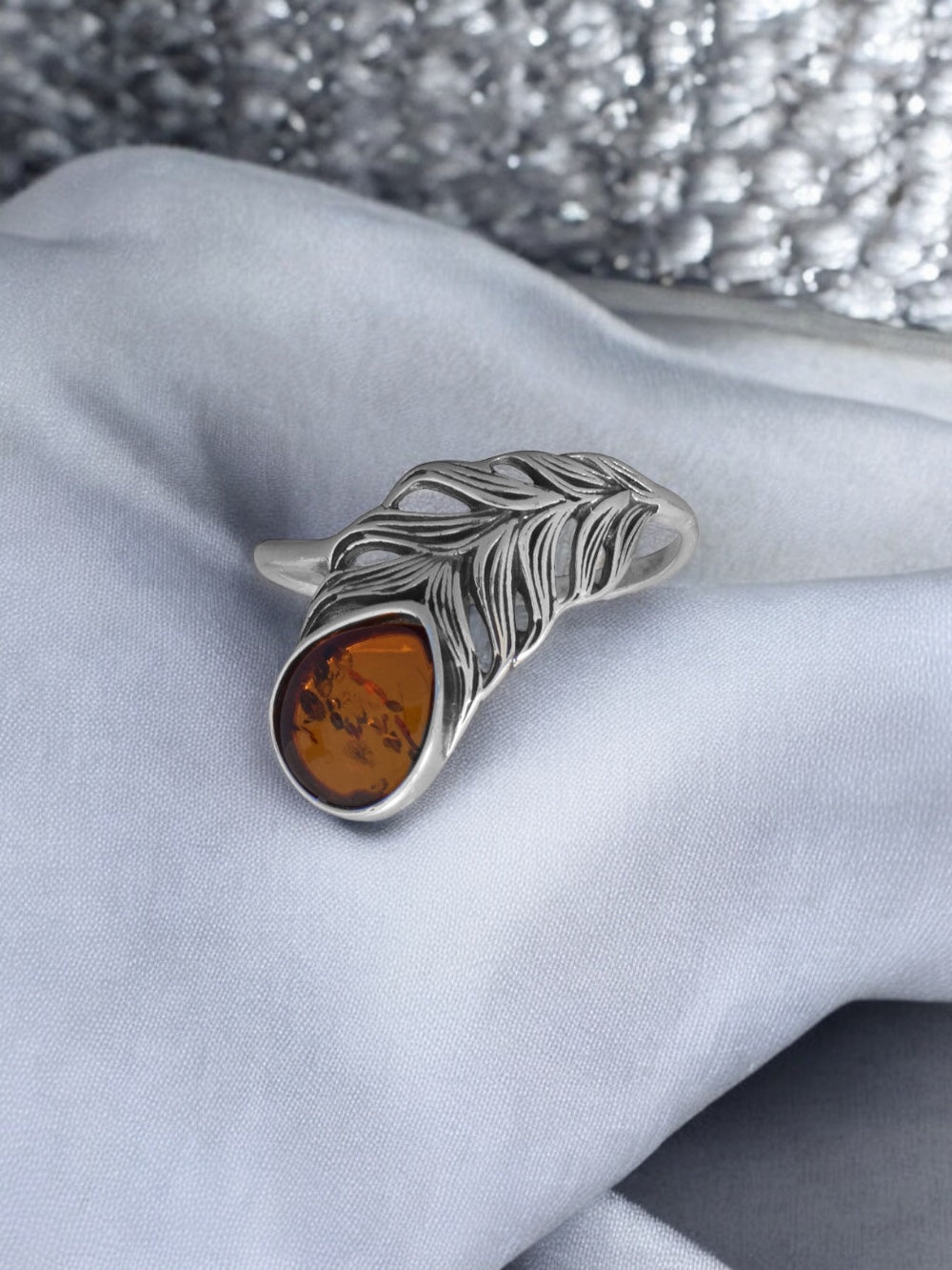 Oxidized Baltic Amber Feather Sterling Silver Ring - Sparks and Gem