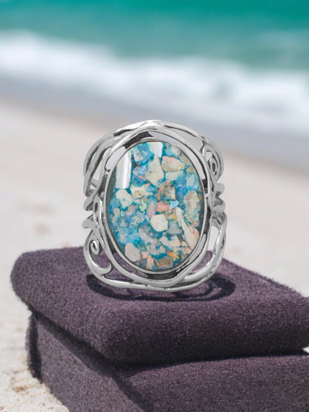 Oxidized Cutout Swirl Design Sterling Silver Ring with Ancient Roman Glass - Sparks and Gem