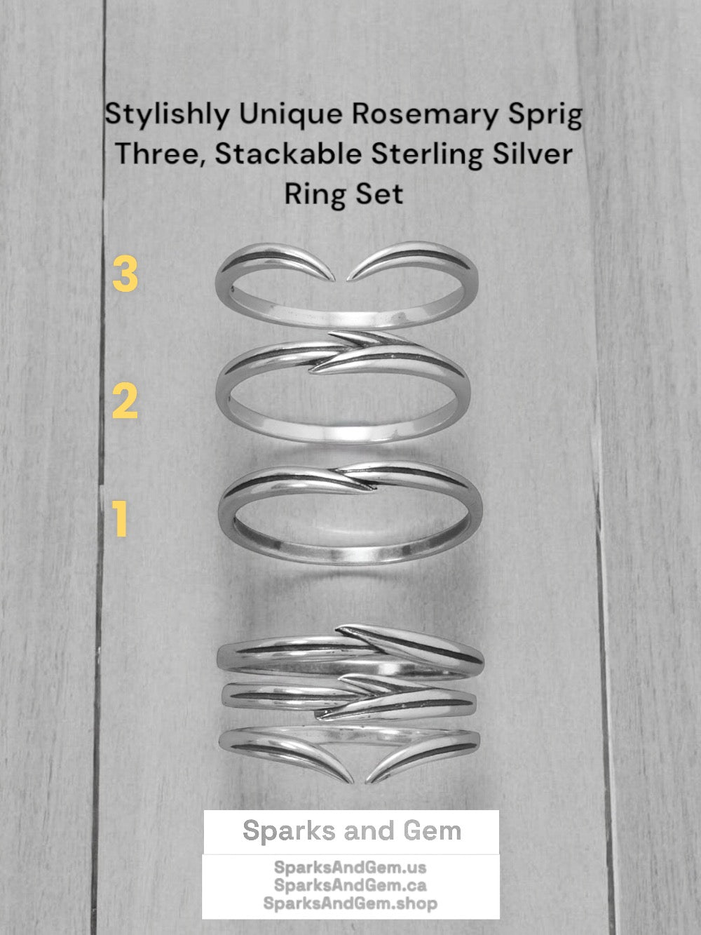 Stylishly Unique Rosemary Sprig Three, Stackable Sterling Silver Ring Set from Sparks and Gem (A+ BBB Rating)